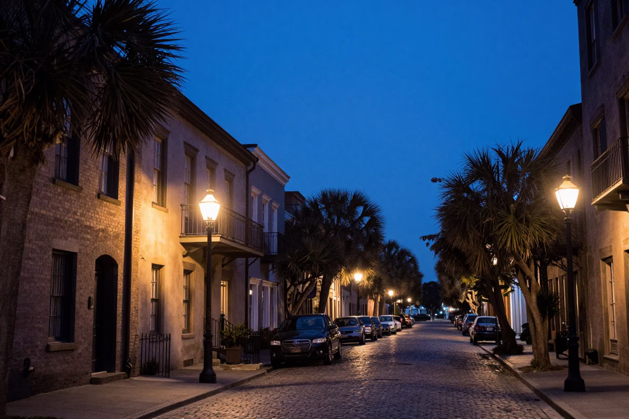 Charleston SC Indigo Twilight Street Scene with Historic Architecture and Evening Activity in in Charleston, South Carolina, United States