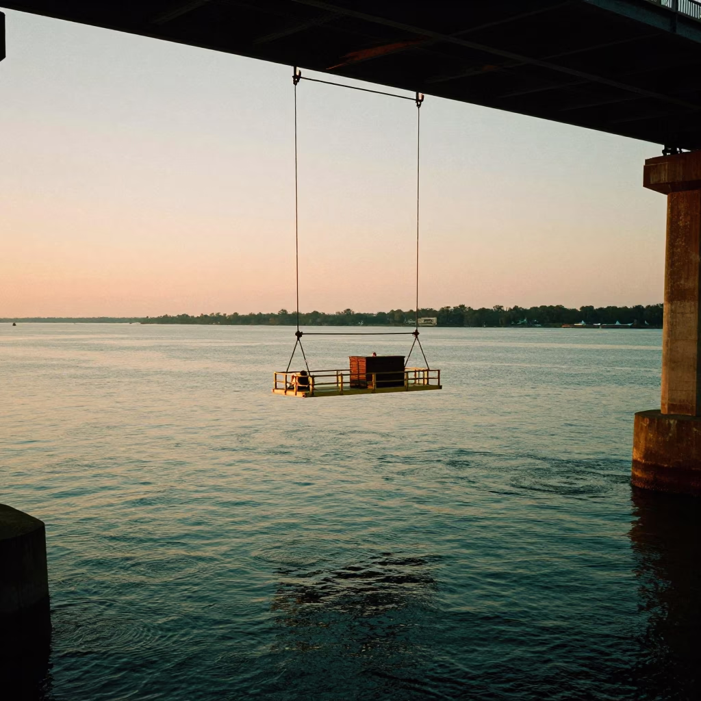 Charleston SC Pre-Dawn Bridge Maintenance Cradle Over Water in in Charleston, South Carolina, United States