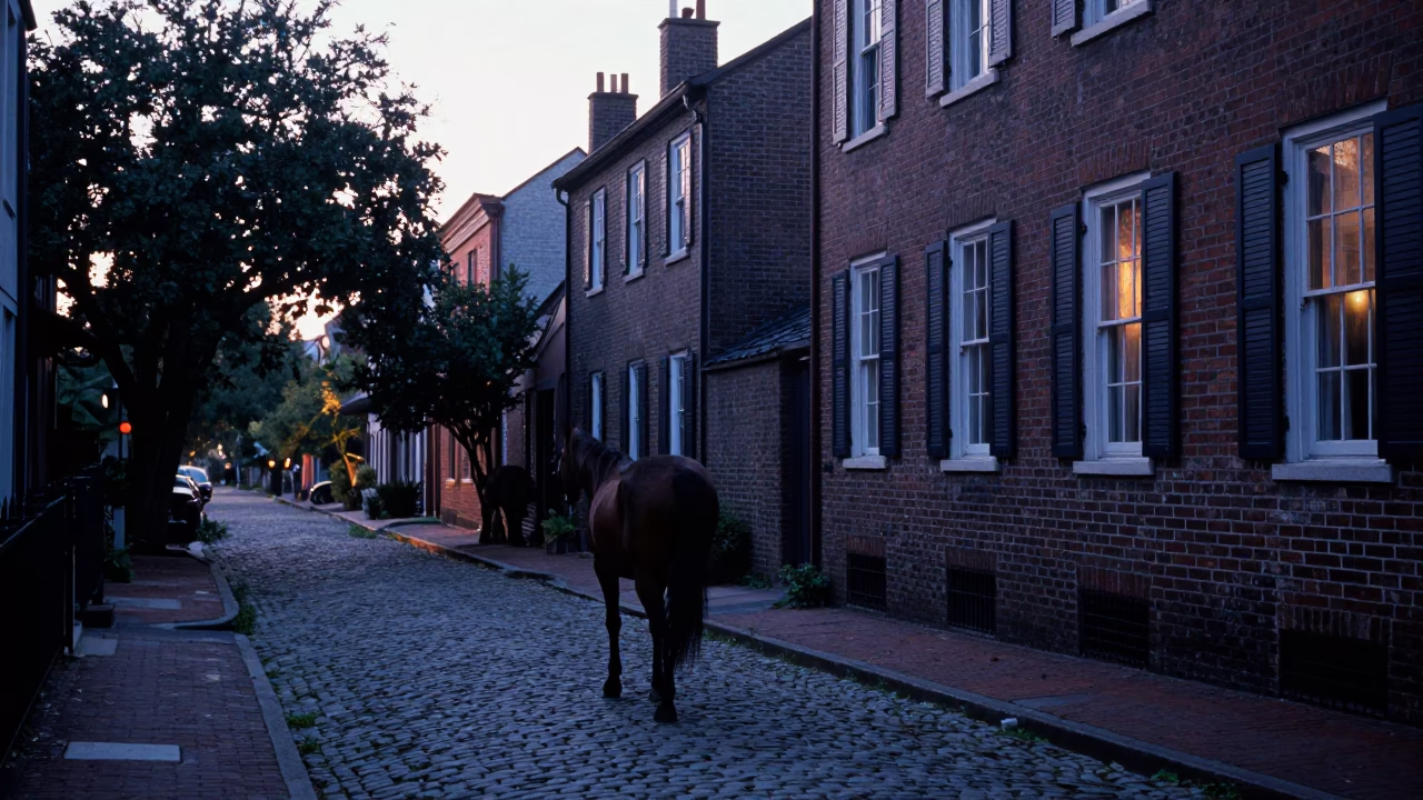 Charleston SC Pre-Dawn Street Scene With Cobblestones And Horse Drawn Cart in in Charleston, South Carolina, United States