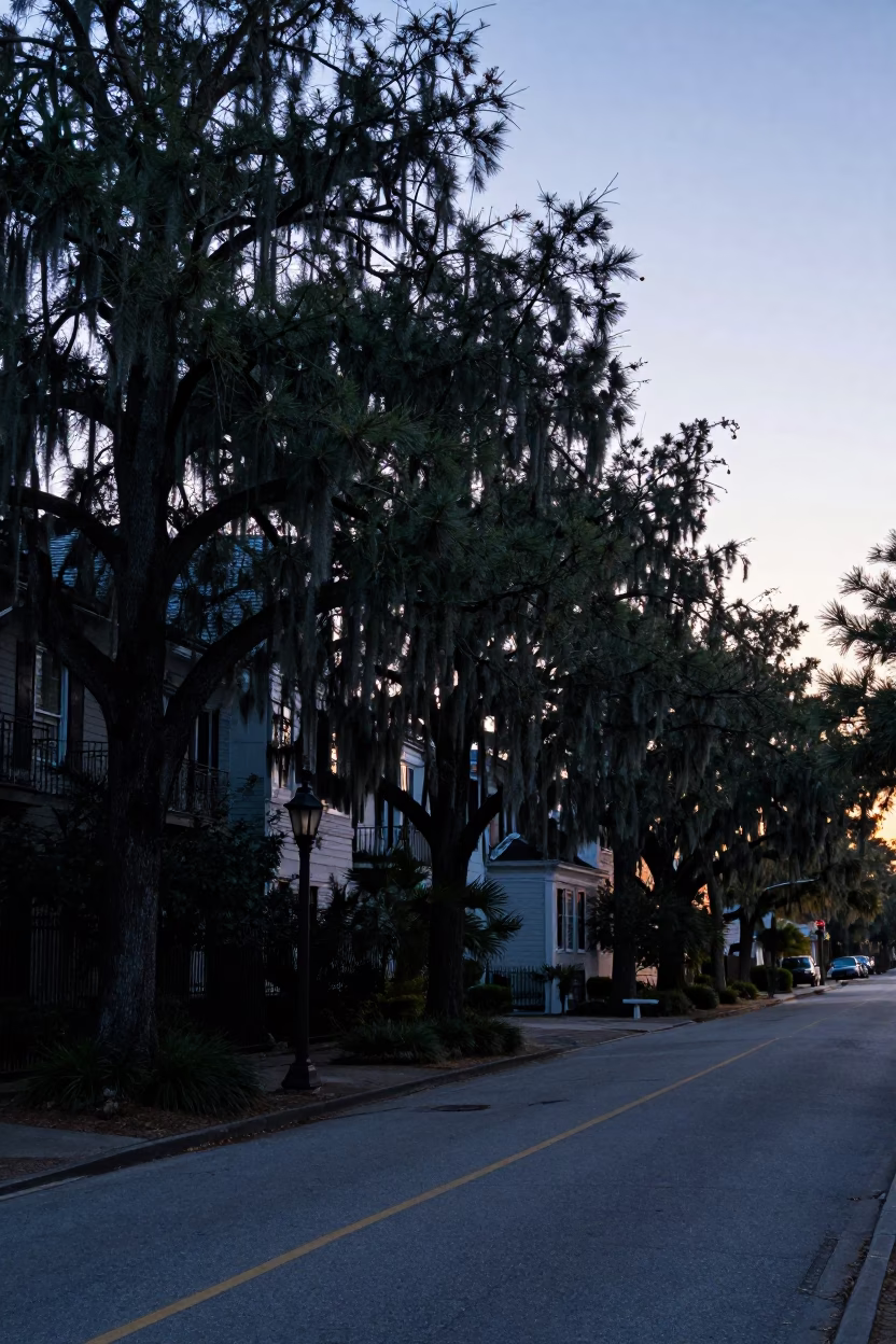 Charleston SC Pre-Dawn Street Scene with Cypress Trees and Harbor Breakwater in in Charleston, South Carolina, United States