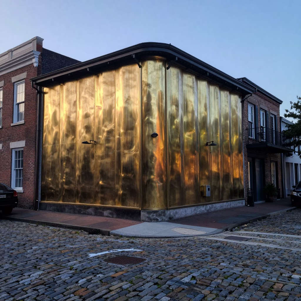 Charleston SC Pre-Dawn Street Scene with Polished Brass Wall Reflections in in Charleston, South Carolina, United States