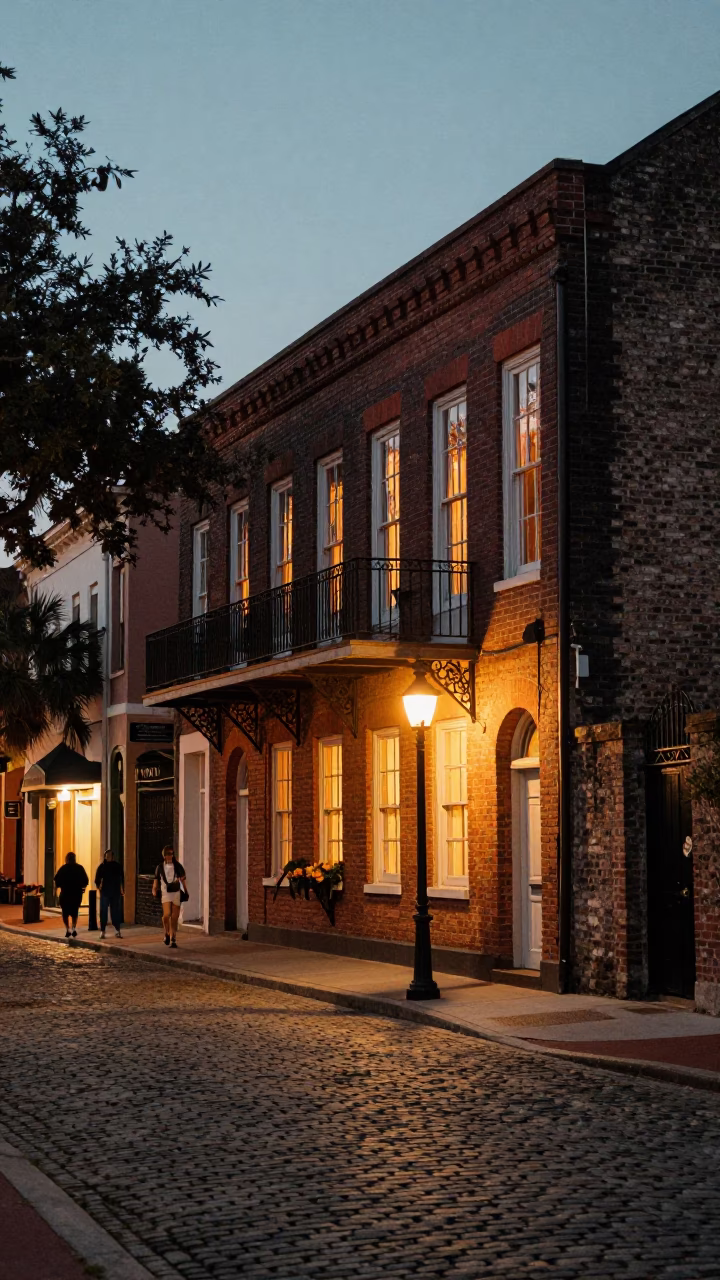 Charleston SC street scene at dusk with historic architecture and city lights glowing in in Charleston, South Carolina, United States