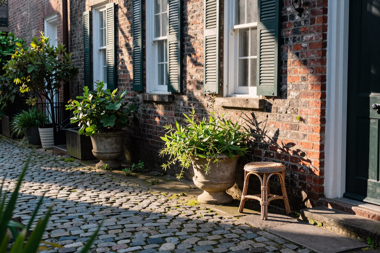 Charleston SC Sunrise Garden Scene with Herb and Rattan Stool in in Charleston, South Carolina, United States