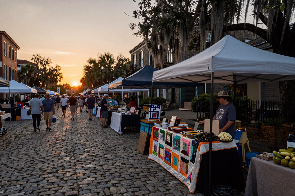 Charleston SC Sunset Market Scene with Quilt and Pickle Jar in in Charleston, South Carolina, United States