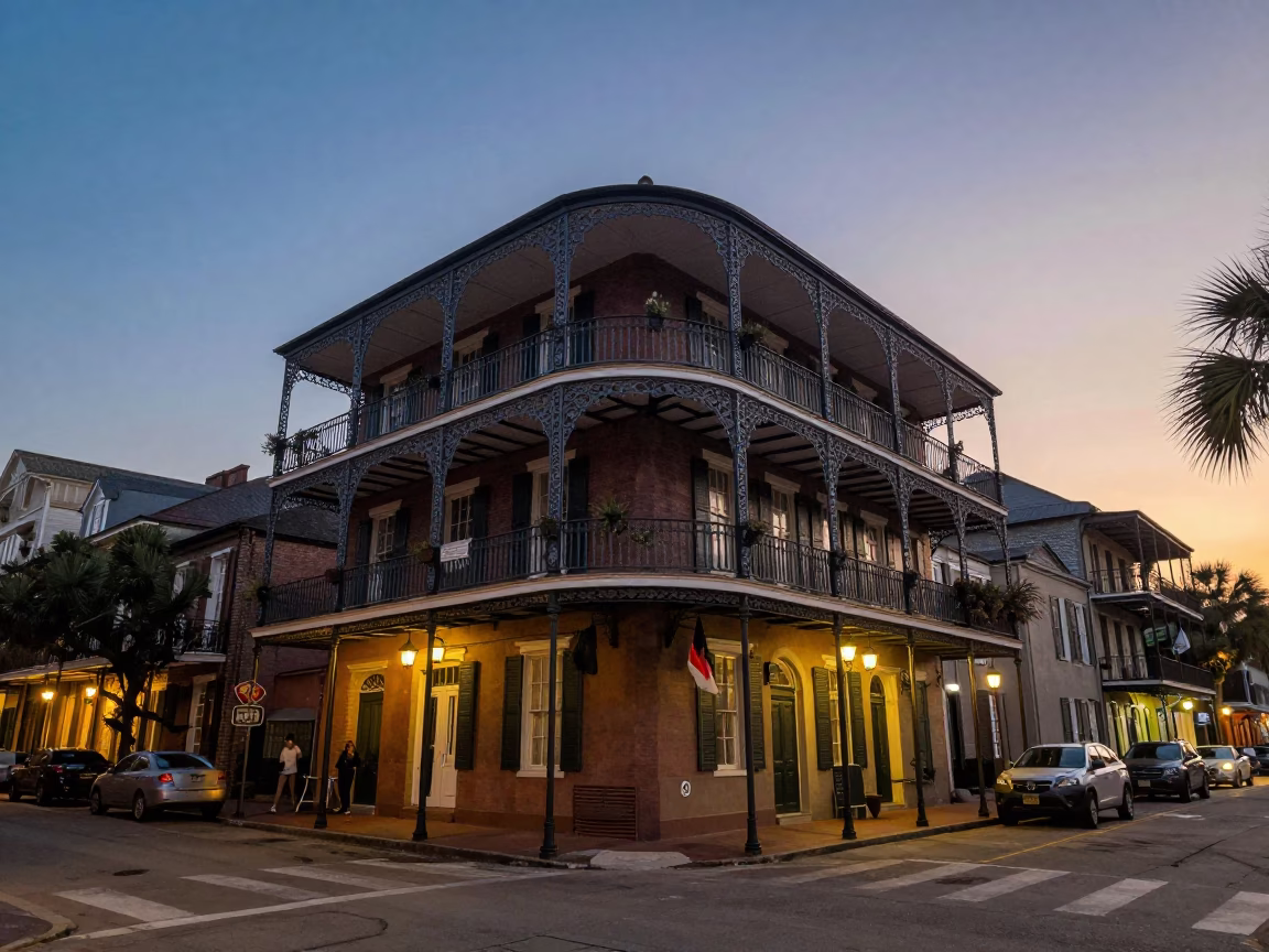 Charleston SC Twilight Street Scene with Historic Architecture and Local Activity in in Charleston, South Carolina, United States