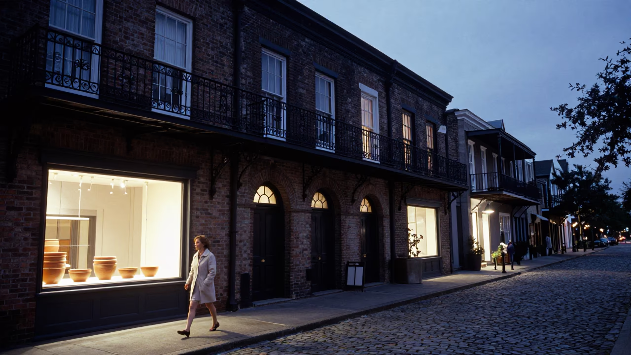 Charleston SC Twilight Street Scene with Historic Architecture and Local Life in in Charleston, South Carolina, United States