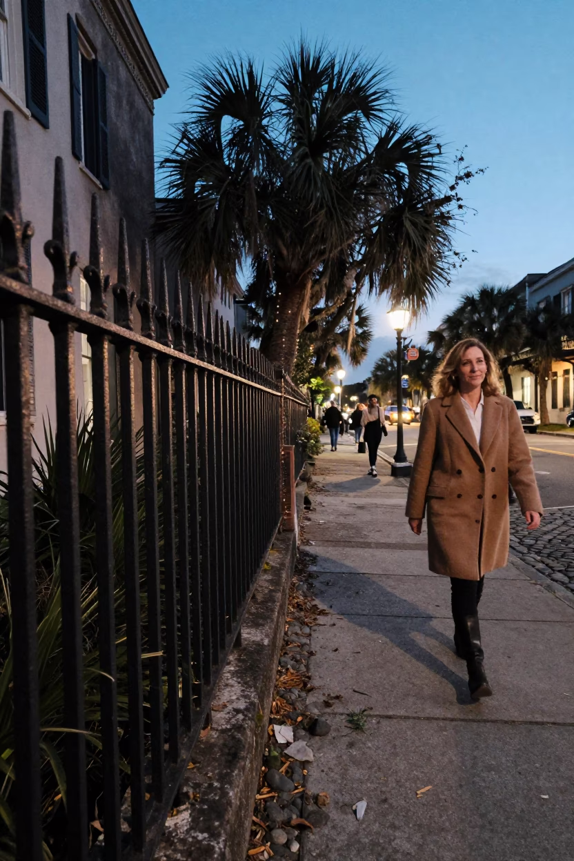 Charleston SC Twilight Street Scene with Iron Railings and Ripples in in Charleston, South Carolina, United States