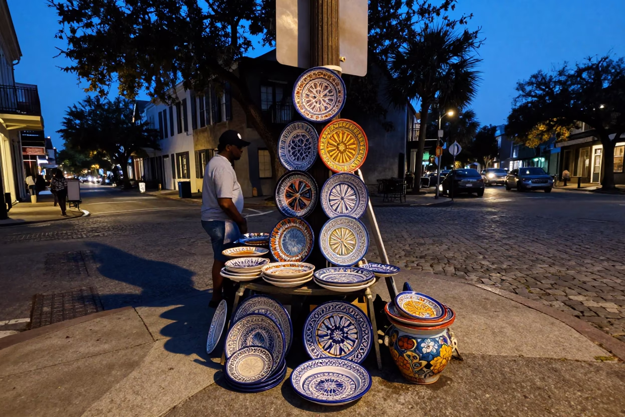 Charleston SC Twilight Street Scene with Majolica Plates and Date Palm in in Charleston, South Carolina, United States
