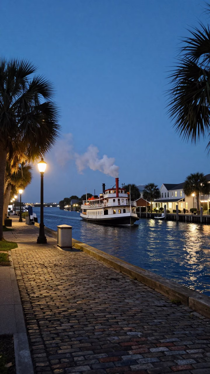 Charleston SC Twilight Street Scene with Steamboat and Canal Barge in in Charleston, South Carolina, United States