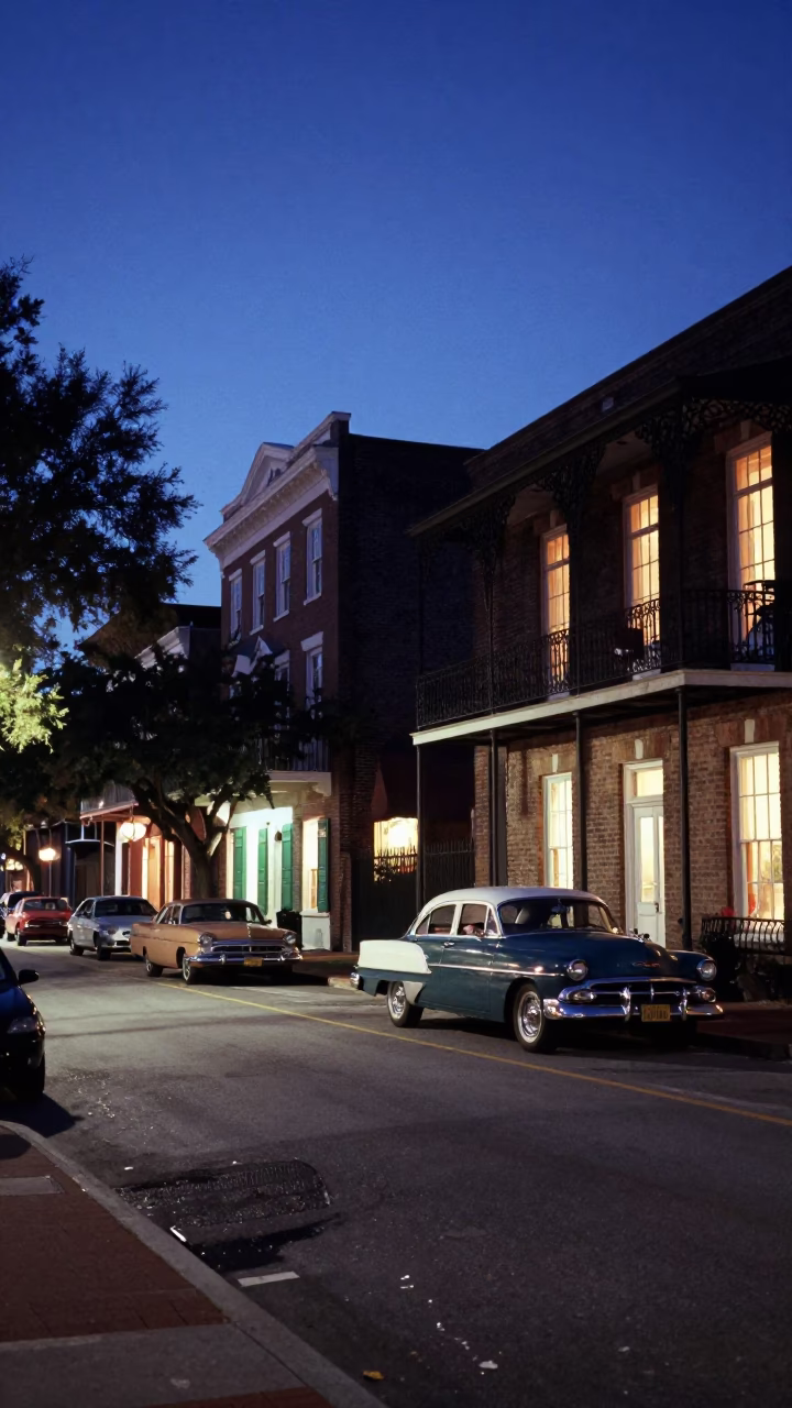 Charleston SC Twilight Street Scene with Vintage Cars and Brick Alleyway in in Charleston, South Carolina, United States
