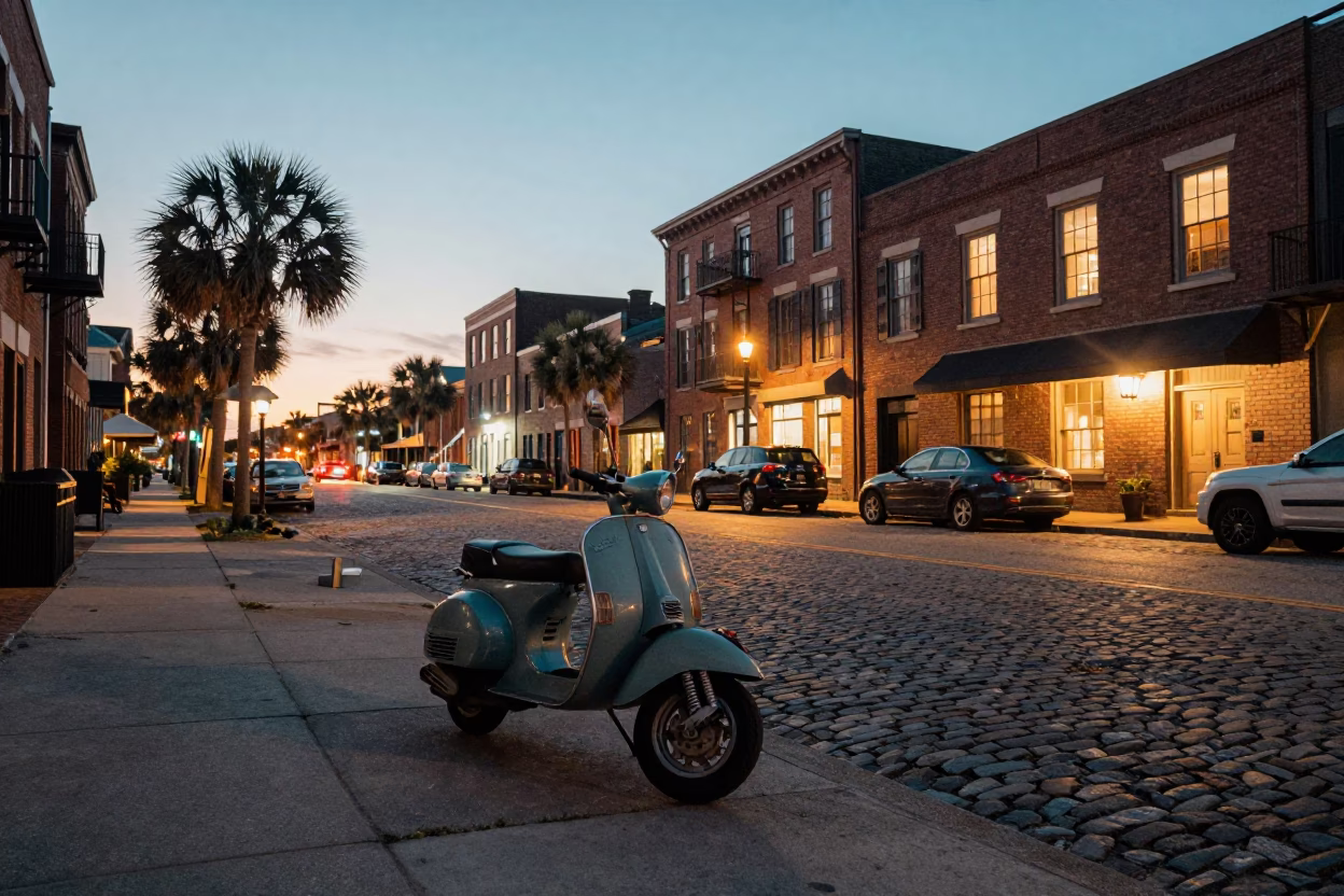 Charleston SC twilight street scene with vintage scooter and historic brick architecture in in Charleston, South Carolina, United States