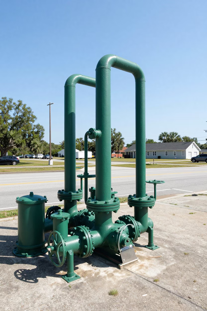 Charleston Sewage Pumping Station Green Pumps Under Flat Noon Light in in Charleston, South Carolina, United States
