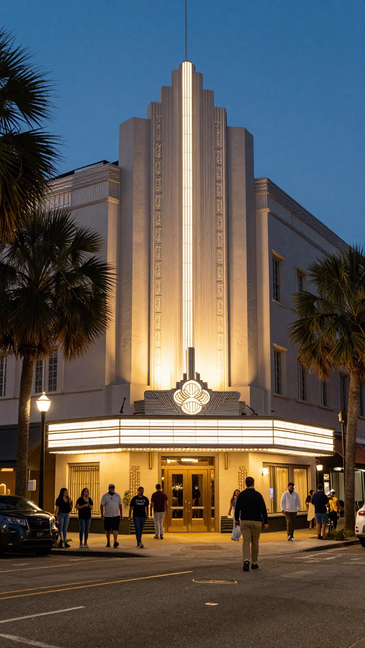 Charleston South Carolina Art Deco Hotel Facade Evening Street Scene in in Charleston, South Carolina, United States