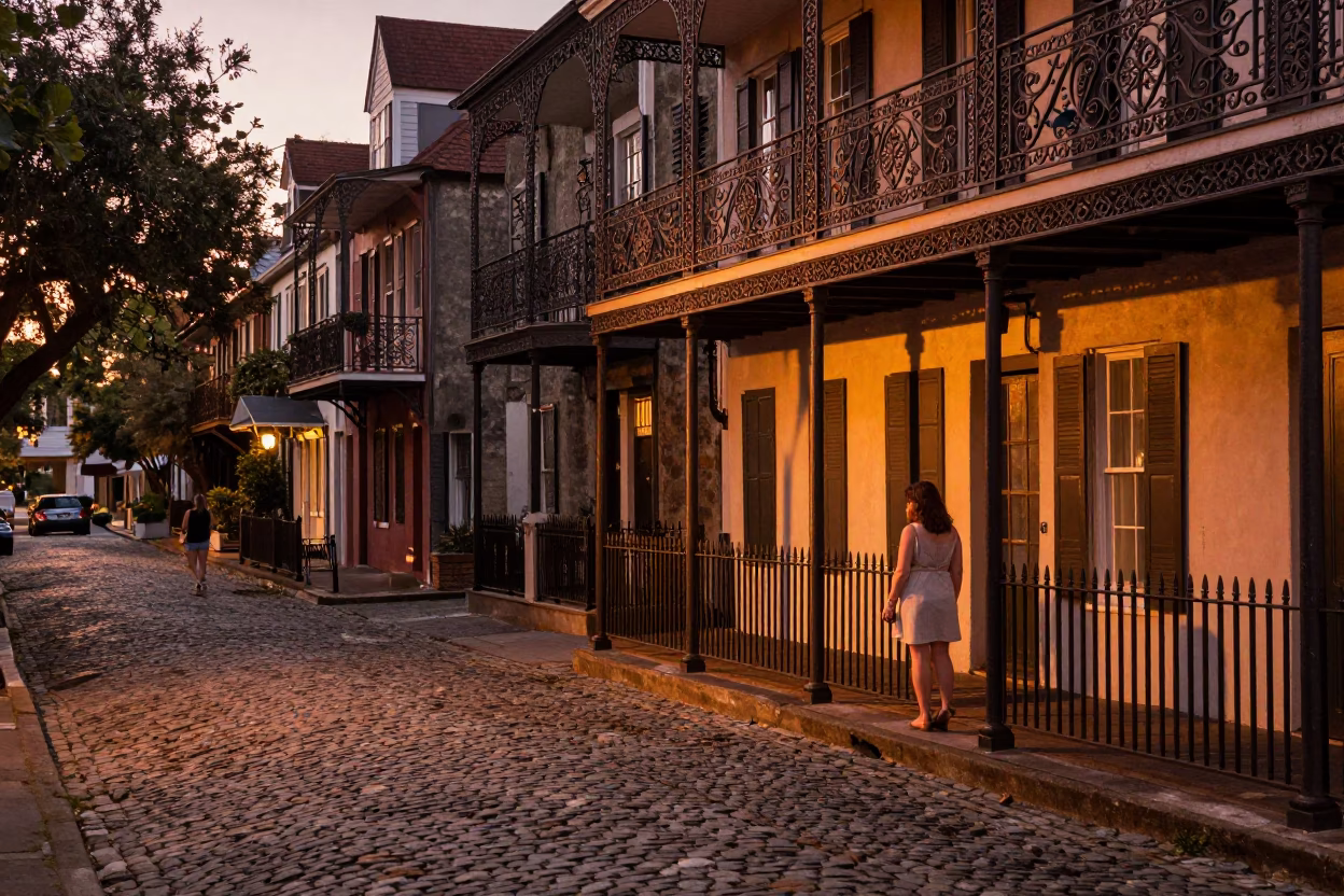 Charleston South Carolina Before Dusk Copper Light Cobblestone Street Scene in in Charleston, South Carolina, United States