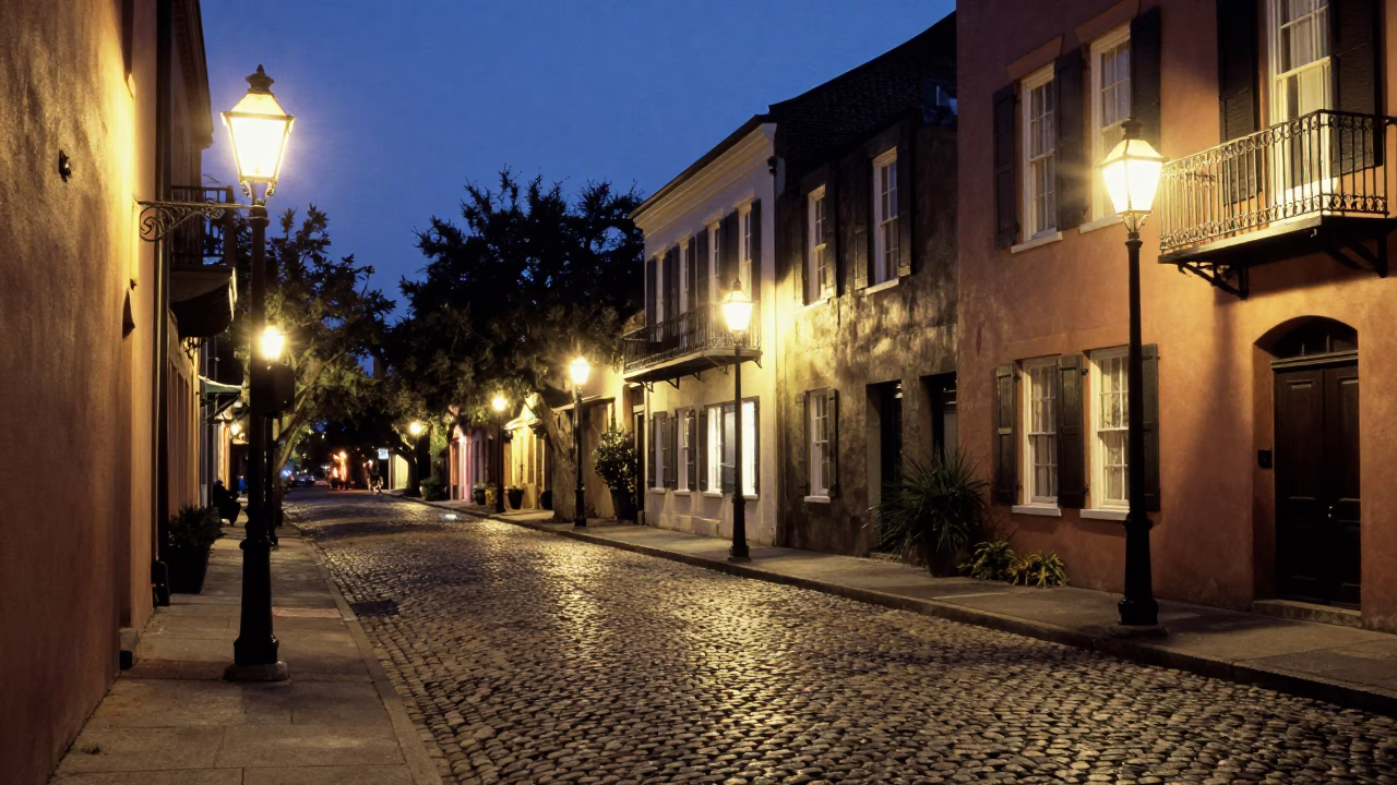 Charleston South Carolina Blue Hour Historic District Street Scene with Cobblestones and Gas Lamps in in Charleston, South Carolina, United States