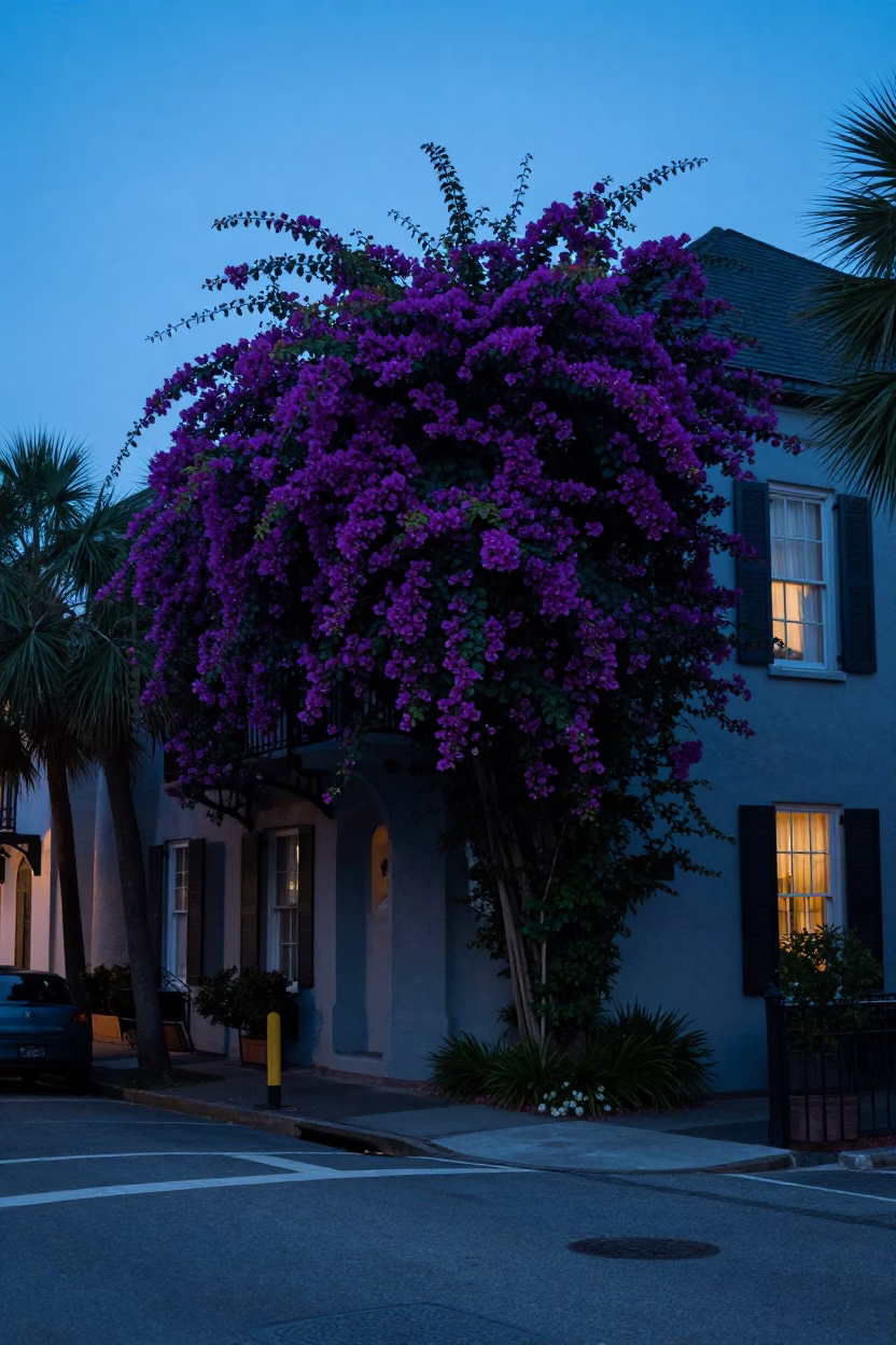 Charleston South Carolina Blue Hour Street Scene with Bougainvillea and Historic Architecture in in Charleston, South Carolina, United States