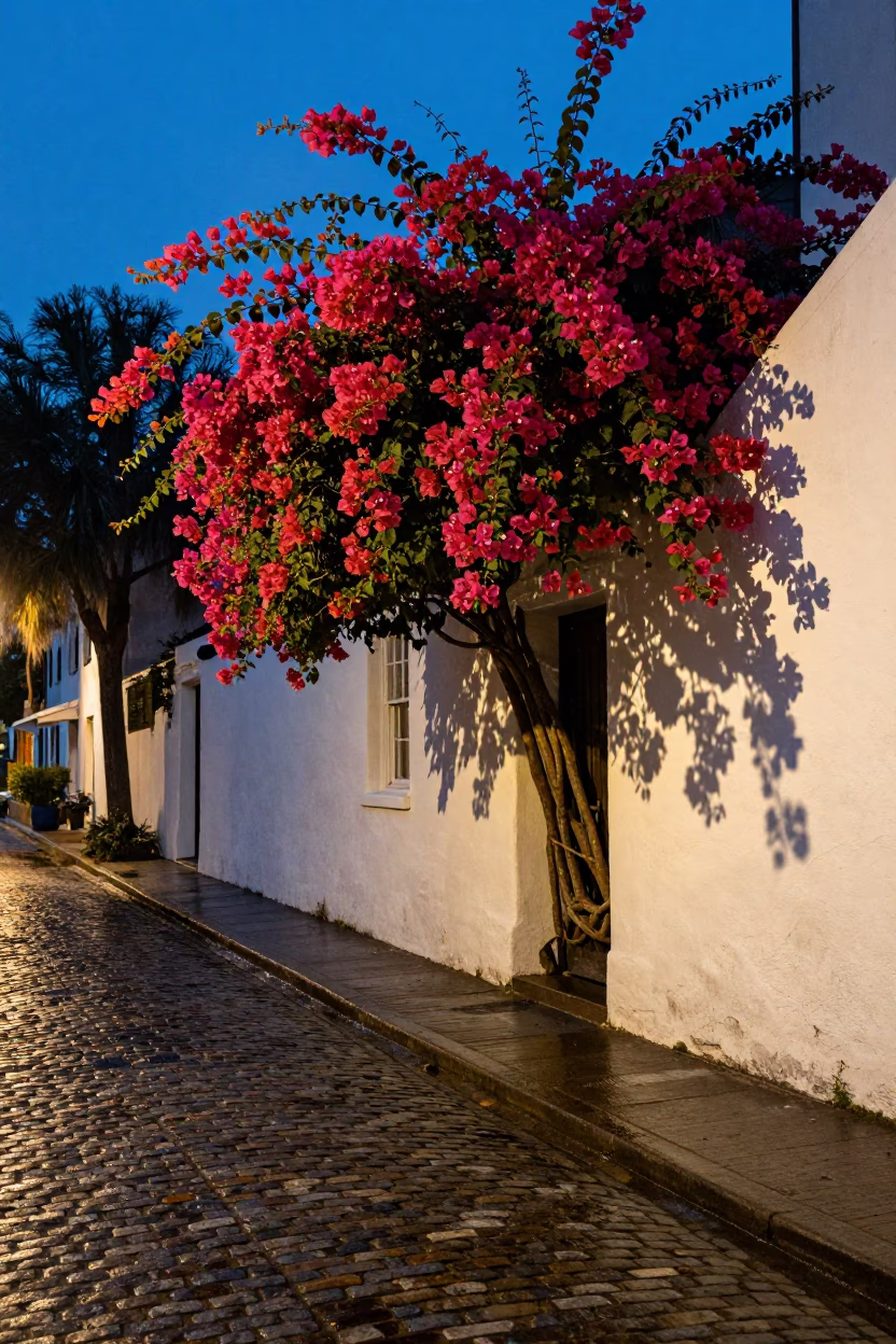 Charleston South Carolina Blue Hour Street Scene with Bougainvillea and Wicker Shadows in in Charleston, South Carolina, United States