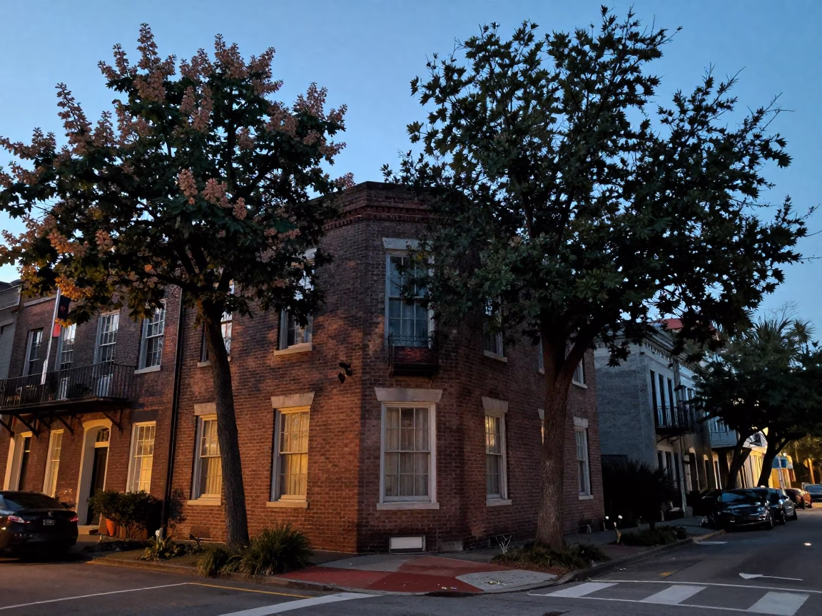 Charleston South Carolina Blue Hour Street Scene with Chestnut Tree and Historic Brick Architecture in in Charleston, South Carolina, United States