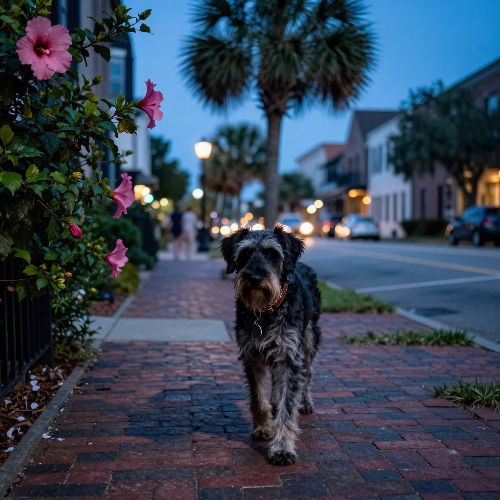 Charleston South Carolina Blue Hour Street Scene with German Wirehaired Pointer and Hibiscus Flower in in Charleston, South Carolina, United States