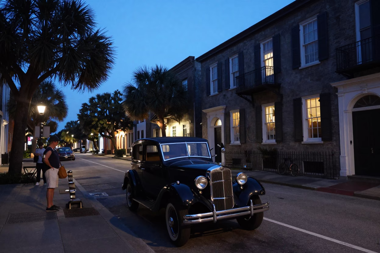Charleston South Carolina Blue Hour Street Scene with Vintage Automobile and Historic Architecture in in Charleston, South Carolina, United States