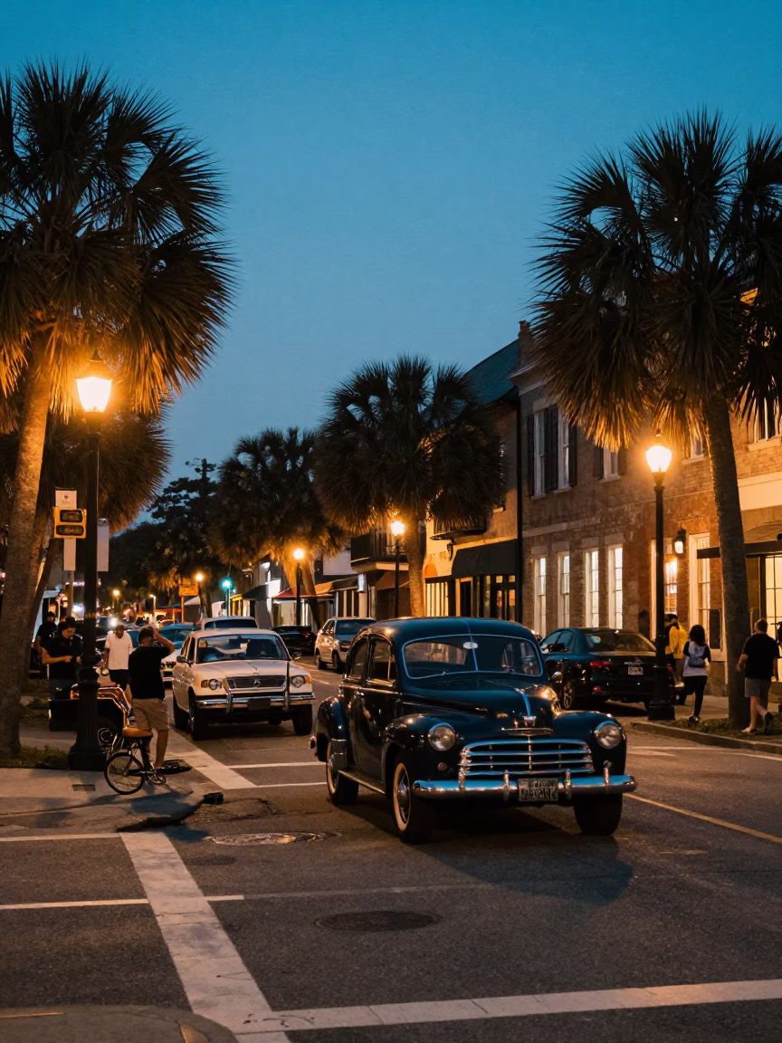 Charleston South Carolina Blue Hour Street Scene with Vintage Car and Local Activity in in Charleston, South Carolina, United States