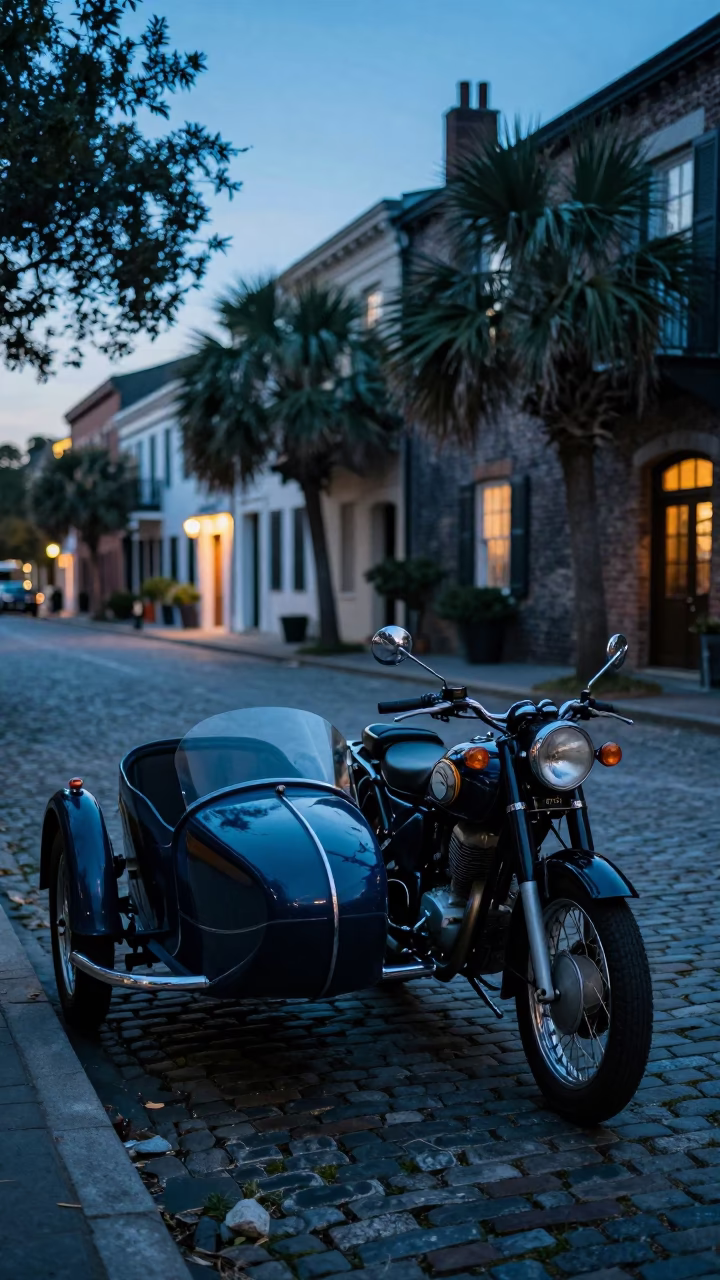 Charleston South Carolina Blue Hour Street Scene with Vintage Motorcycle and Sidecar in in Charleston, South Carolina, United States