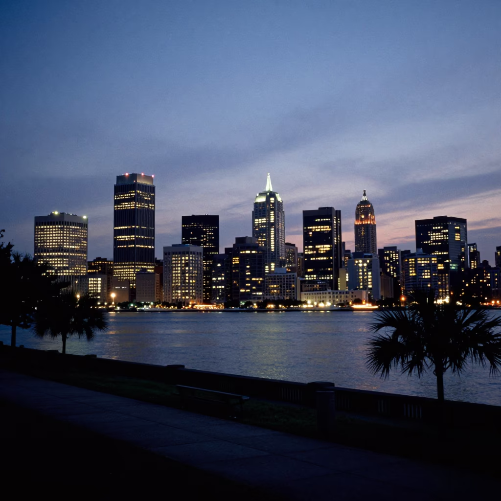 Charleston South Carolina City Lights Glow Evening Skyline View from Battery Park in in Charleston, South Carolina, United States