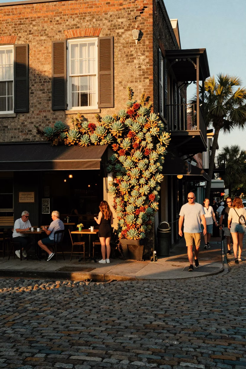 Charleston South Carolina Cobblestone Street Evening Light with Cafe Succulents and Cast Iron Balconies in in Charleston, South Carolina, United States