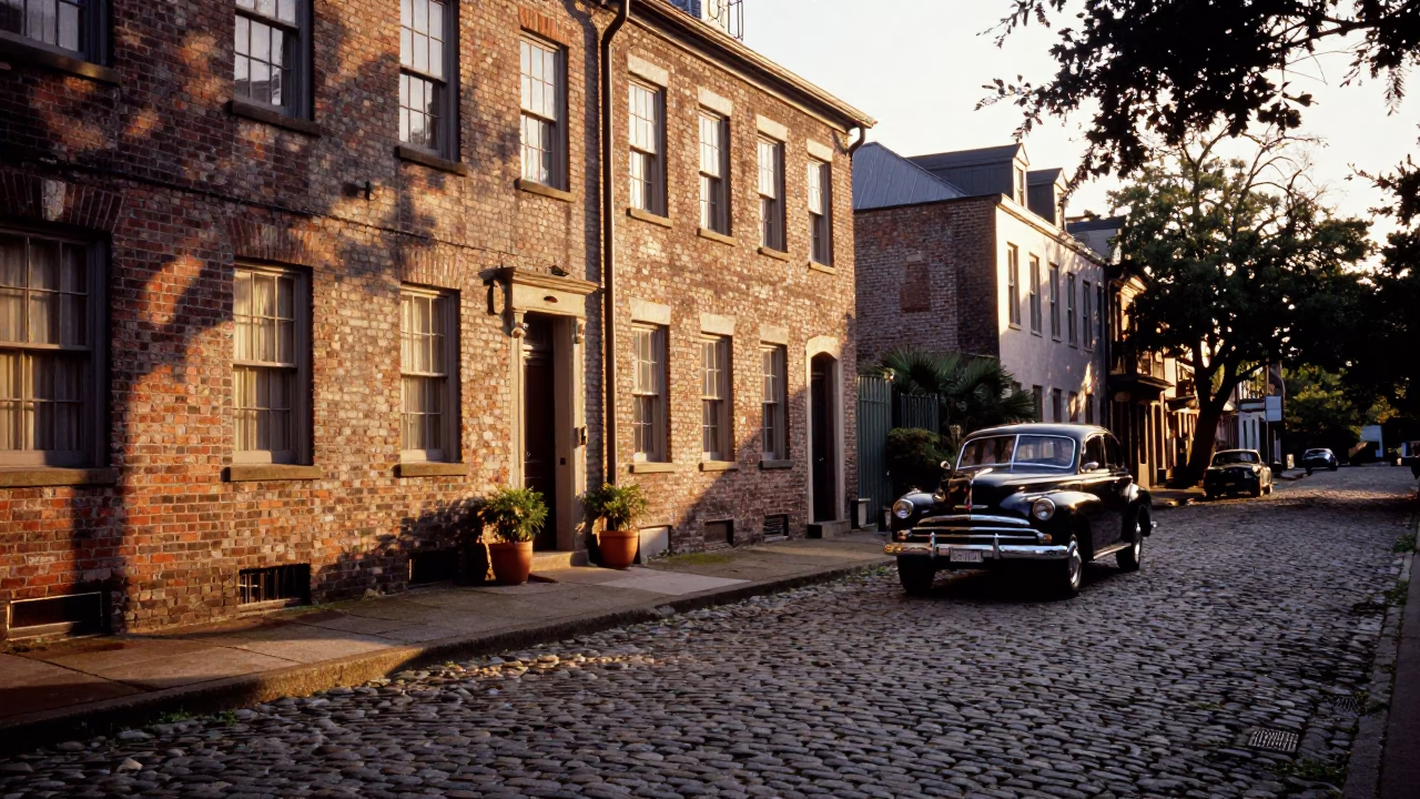 Charleston South Carolina Cobblestone Street Honeyed Evening Light Historic District Scenic Horizon in in Charleston, South Carolina, United States