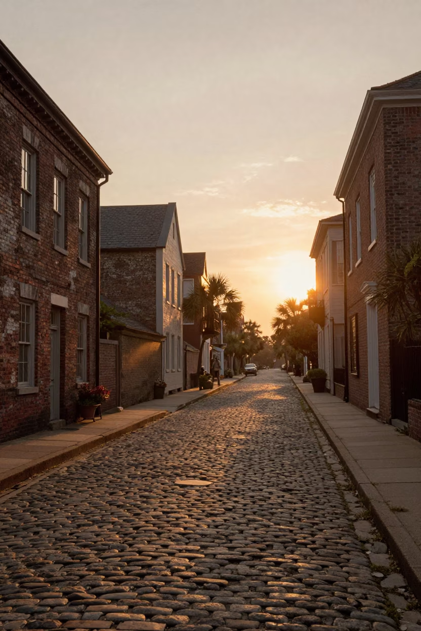 Charleston South Carolina Cobblestone Street Scene at Sunset with Historic Architecture in in Charleston, South Carolina, United States