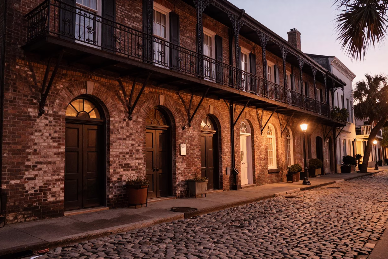 Charleston South Carolina cobblestone street scene with historic architecture and evening light in in Charleston, South Carolina, United States