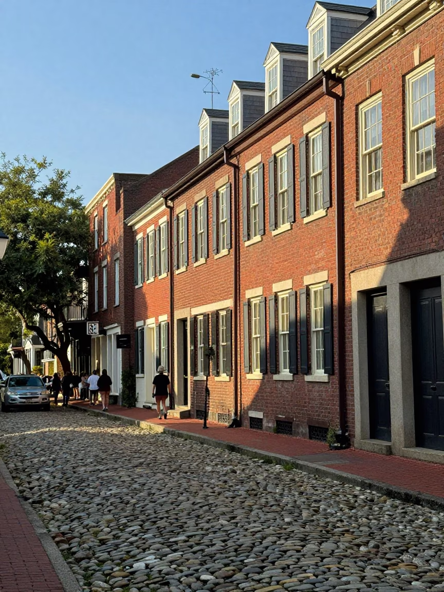 Charleston South Carolina Cobblestone Street with Historic Brick Buildings and Coastal Life in in Charleston, South Carolina, United States