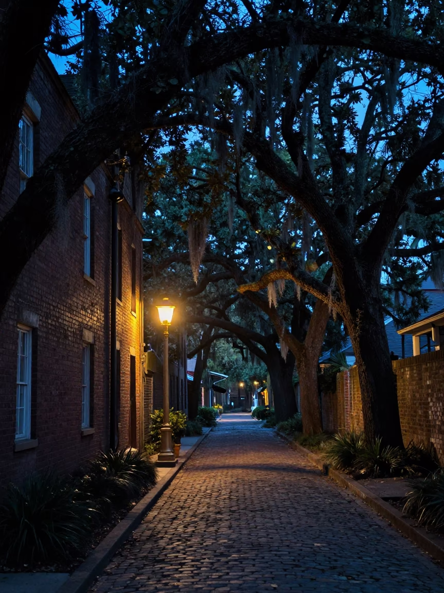 Charleston South Carolina Dawn Light on Historic Brick Alleyway with Brass Door Hardware in in Charleston, South Carolina, United States