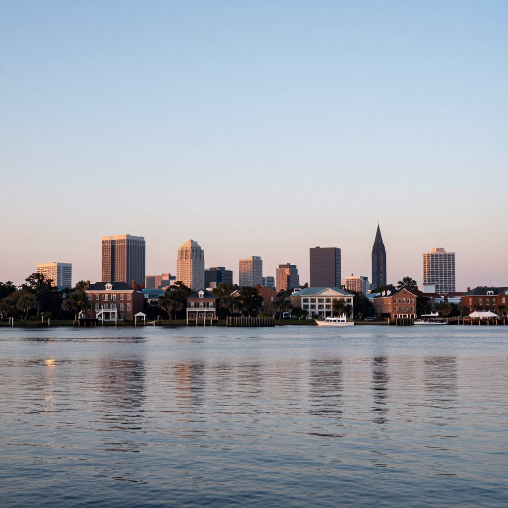 Charleston South Carolina Dawn Skyline with Historic Brick Buildings and Lowcountry Waterfront in in Charleston, South Carolina, United States