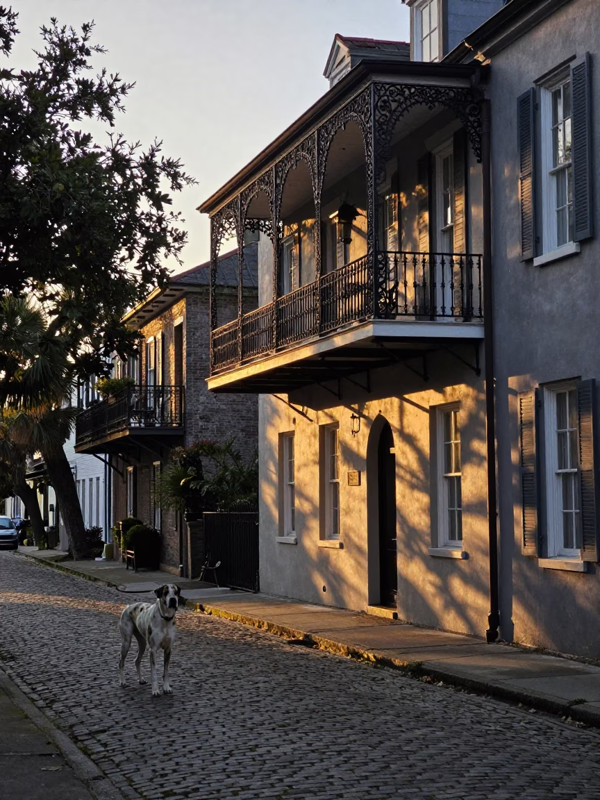 Charleston South Carolina Dawn Street Scene with Great Dane and Historic Architecture in in Charleston, South Carolina, United States