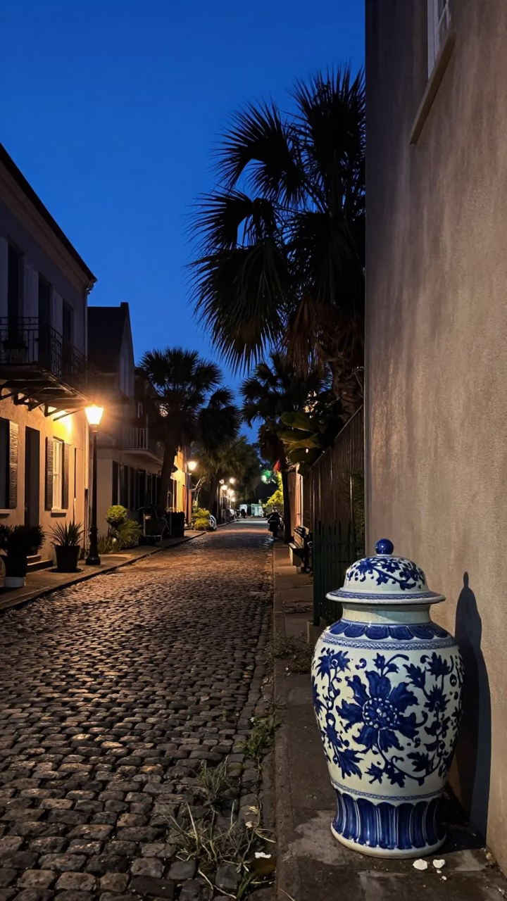 Charleston South Carolina Dawn Street Scene with Vintage Blue Porcelain Jar and Cobblestone Alley in in Charleston, South Carolina, United States