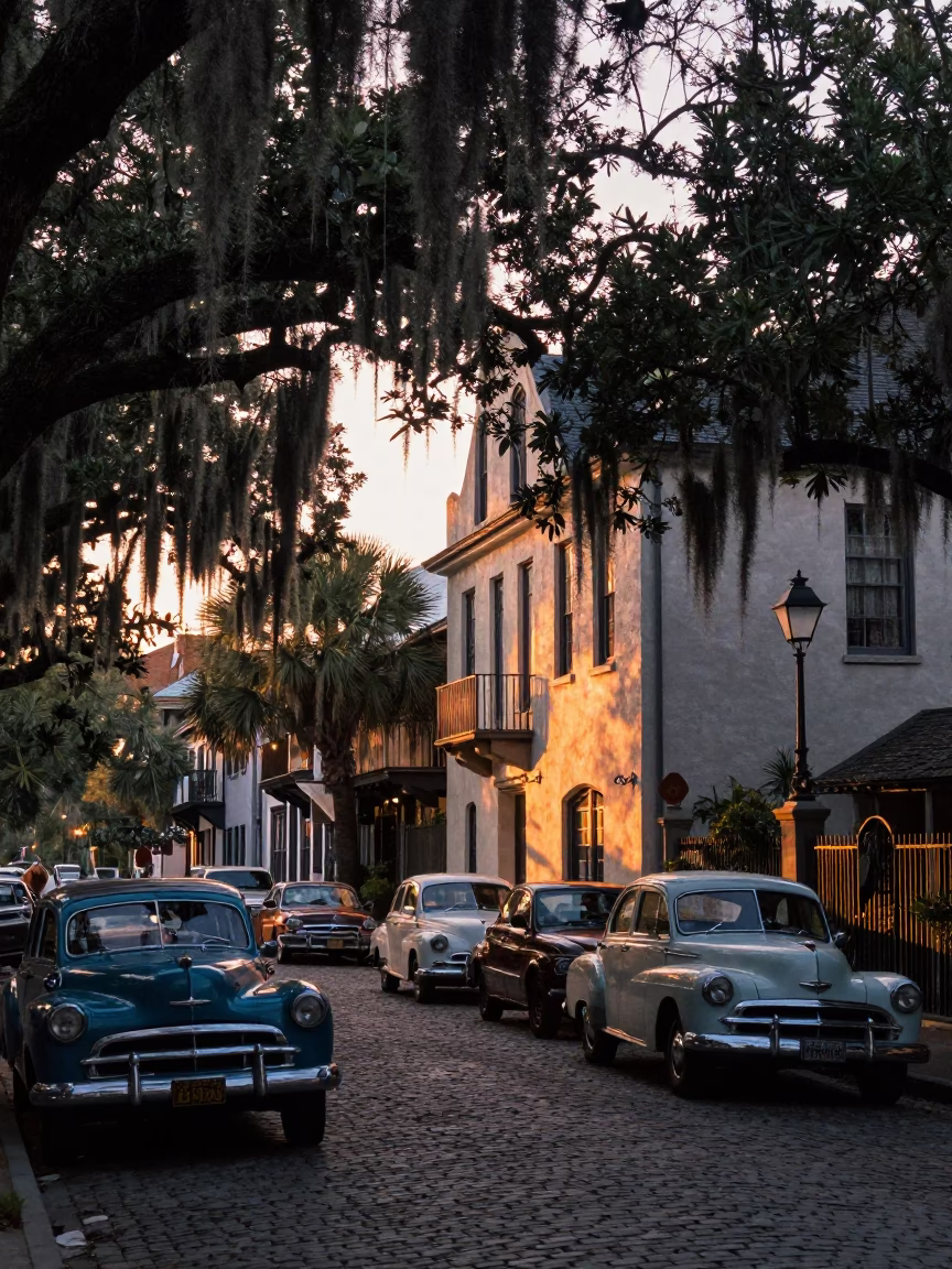 Charleston South Carolina Dawn Street Scene with Vintage Cars and Spanish Moss in in Charleston, South Carolina, United States