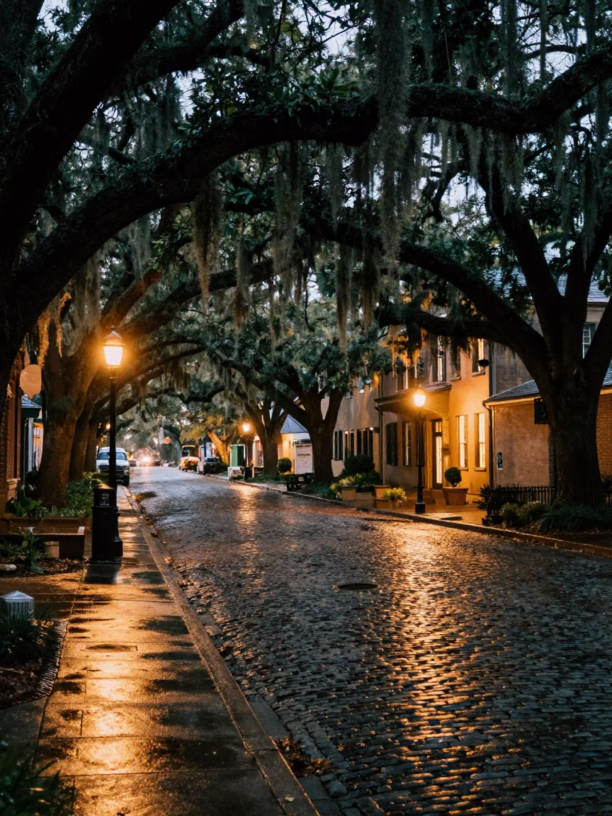 Charleston South Carolina Dusk Live Oak Spanish Moss City Lights Glow Historic Street Scene in in Charleston, South Carolina, United States
