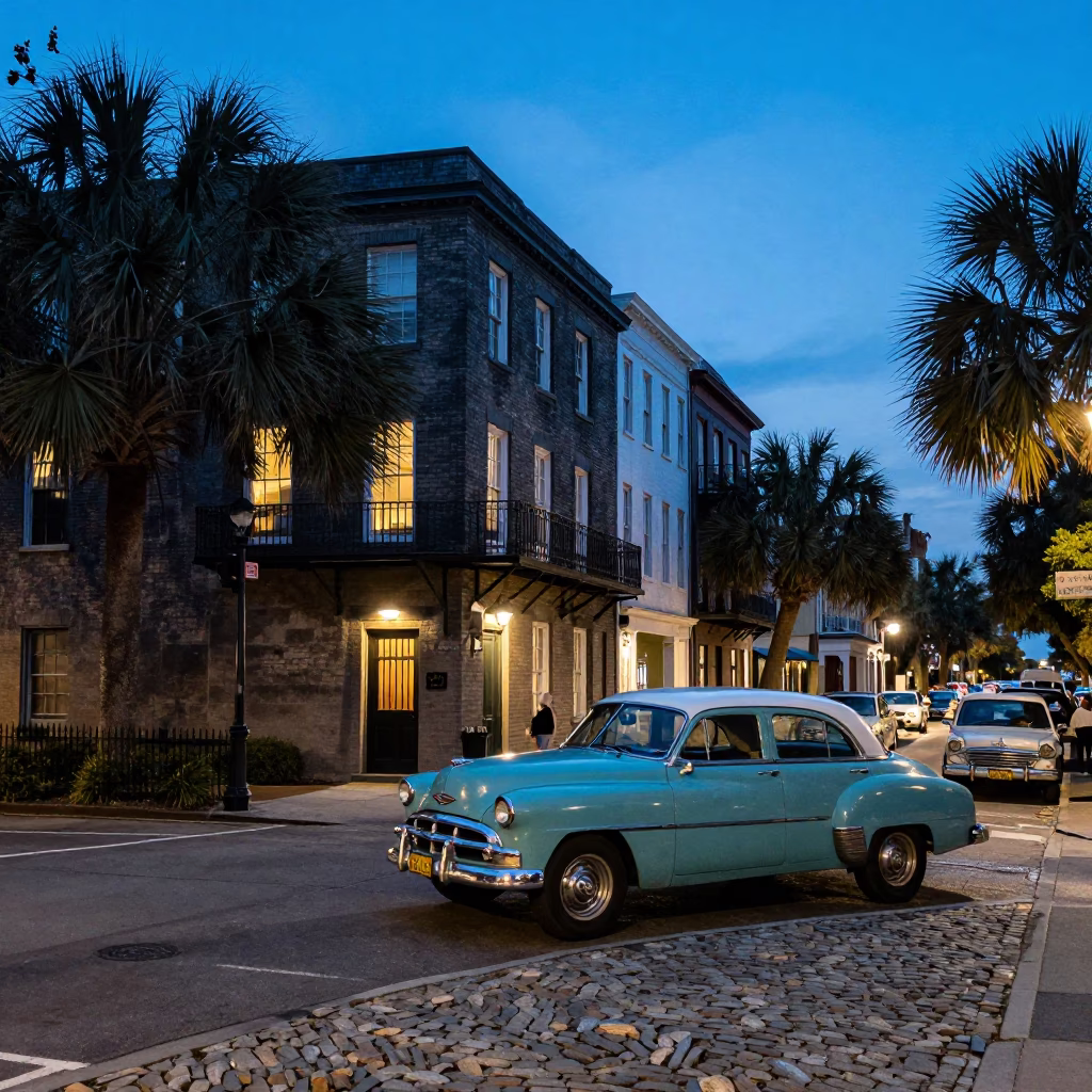 Charleston South Carolina Dusk Street Scene with Historic Architecture and Evening Light in in Charleston, South Carolina, United States