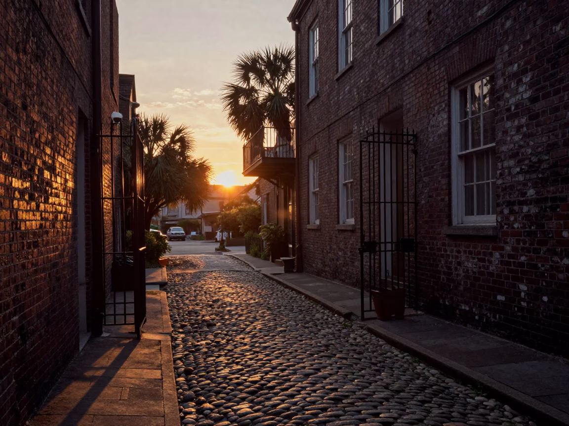 Charleston South Carolina Dusk Street Scene with Iron Gate and Cobblestone Alley in in Charleston, South Carolina, United States