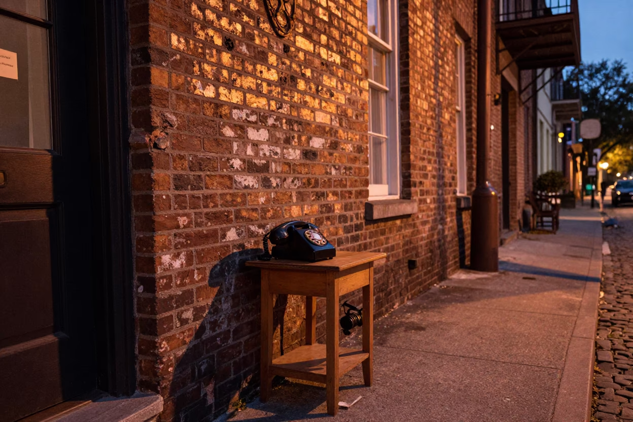 Charleston South Carolina Dusk Street Scene with Vintage Bakelite Telephone and Sunlight in in Charleston, South Carolina, United States