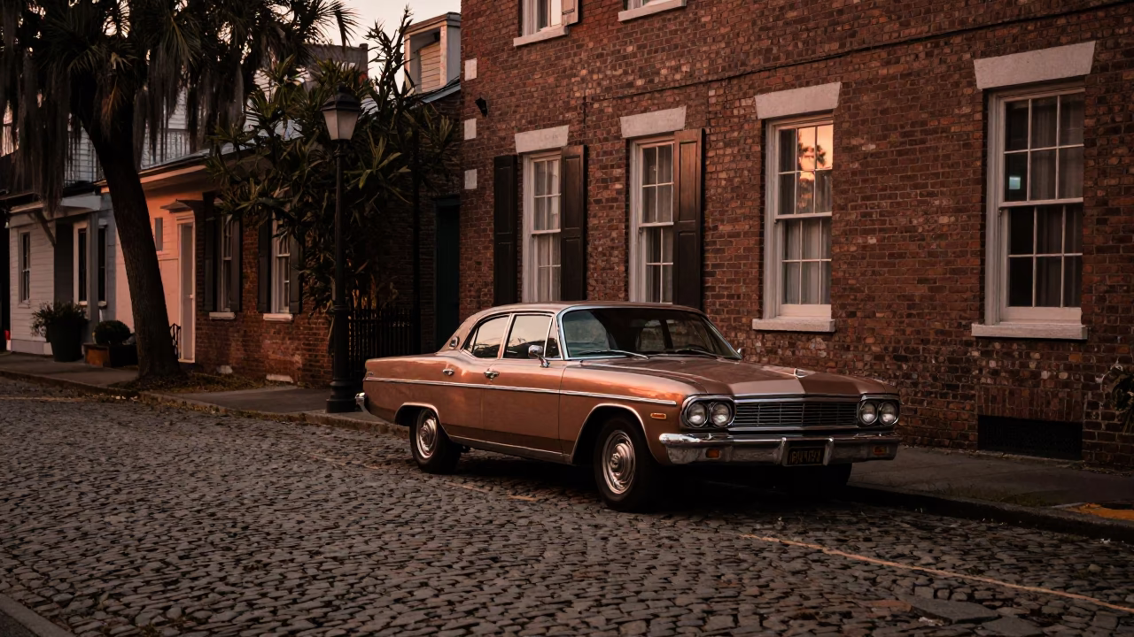Charleston South Carolina Dusk Street Scene with Vintage Car and Local Market Goods in in Charleston, South Carolina, United States