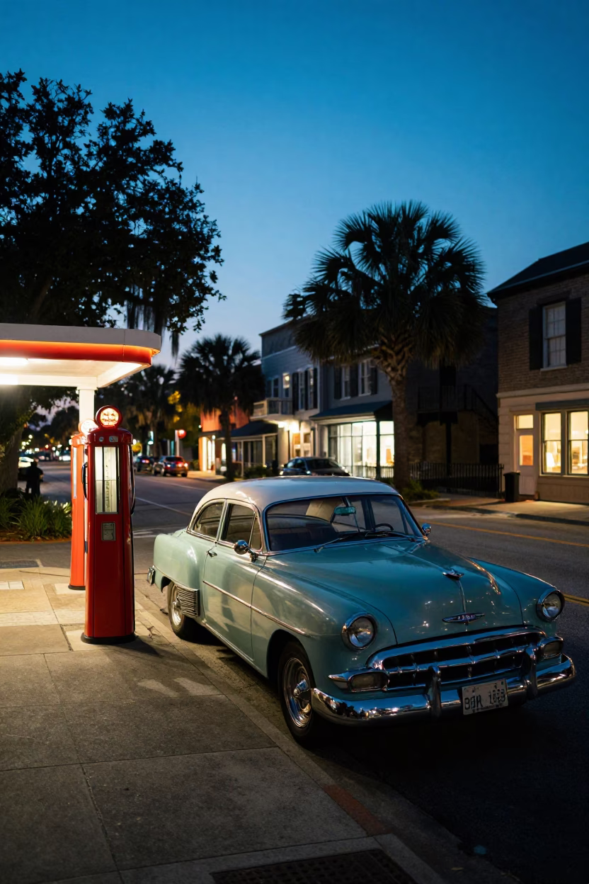 Charleston South Carolina Dusk Street Scene with Vintage Cars and Gas Station in in Charleston, South Carolina, United States