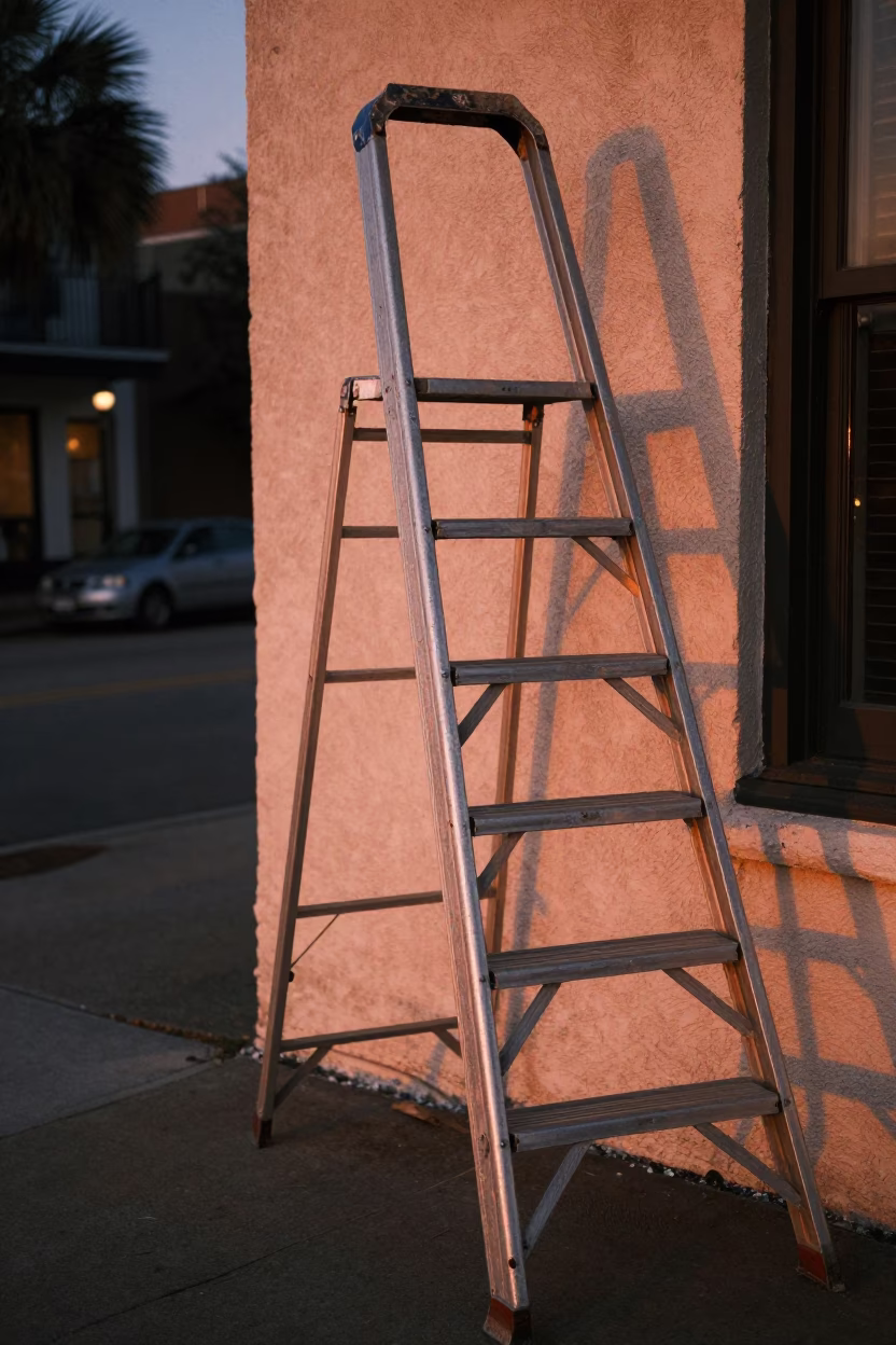 Charleston South Carolina Dusk Street Scene with Vintage Step Ladder and Local Architecture in in Charleston, South Carolina, United States