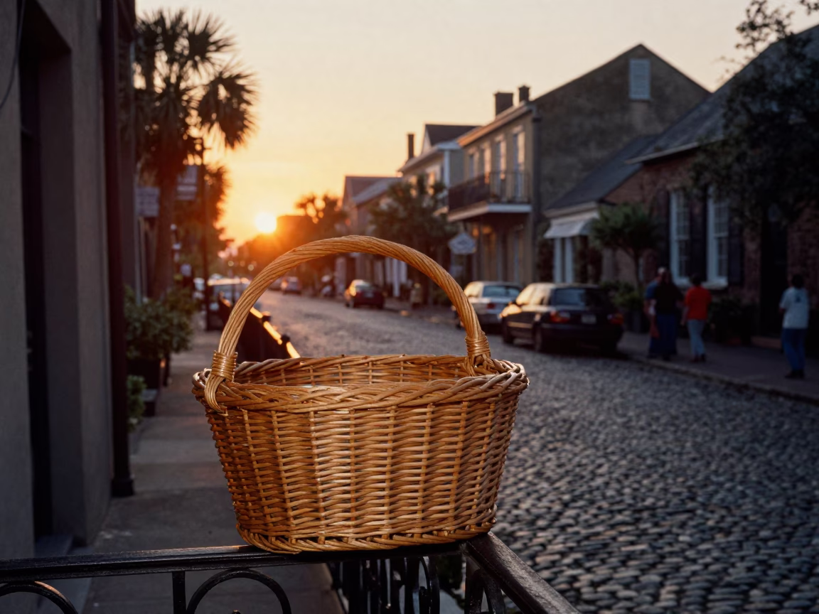 Charleston South Carolina Dusk Street Scene with Vintage Wicker Hamper and Sweet Pea Trellis in in Charleston, South Carolina, United States