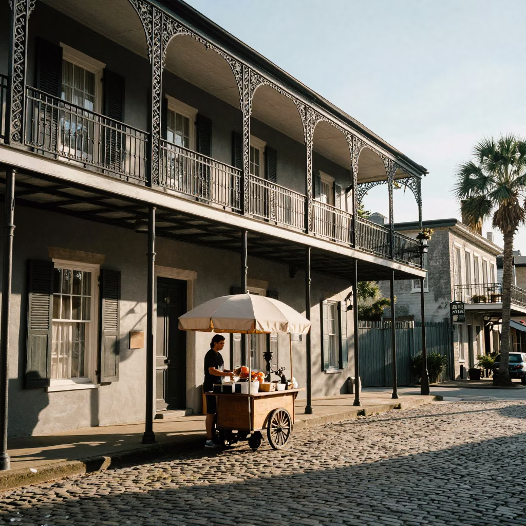 Charleston South Carolina Early Afternoon Street Scene with Historic Ironwork and Local Life in in Charleston, South Carolina, United States