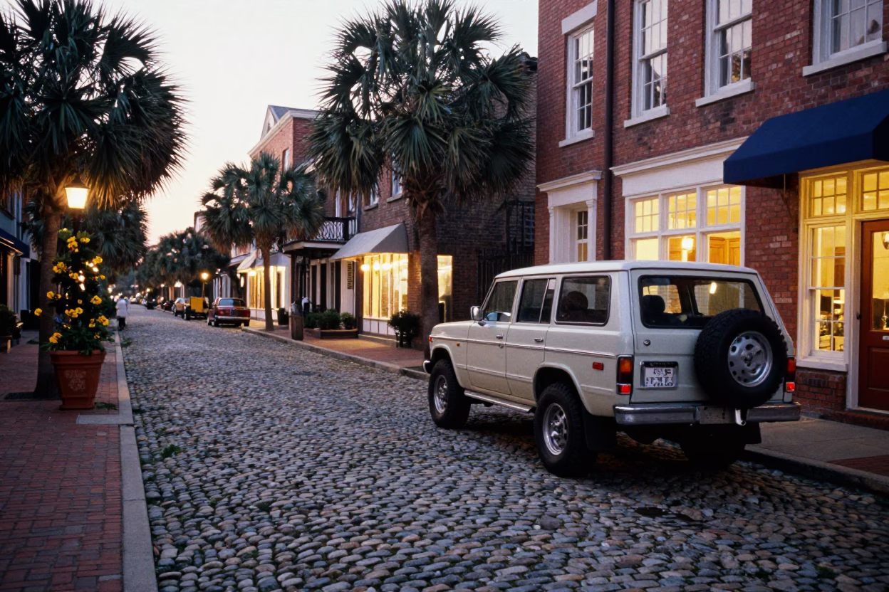 Charleston South Carolina Early Evening Cobblestone Street Scene with Vintage SUV and Local Shopfronts in in Charleston, South Carolina, United States