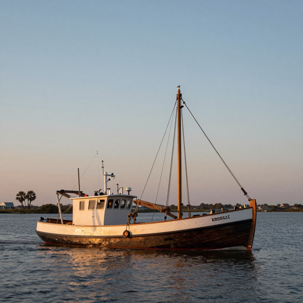 Charleston South Carolina Early Evening Oyster Dredger Under Sail on the Harbor in in Charleston, South Carolina, United States