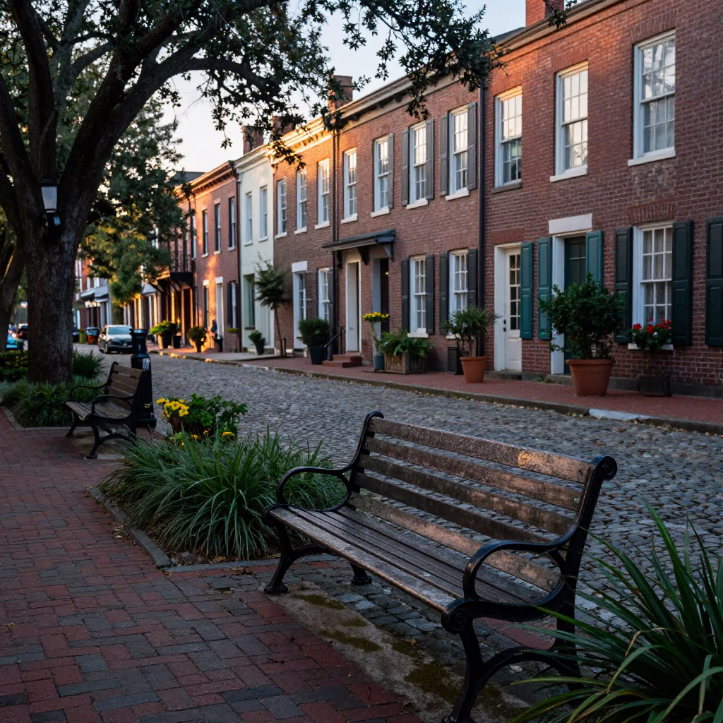 Charleston South Carolina Early Evening Street Scene with Garden Benches and Local Life in in Charleston, South Carolina, United States