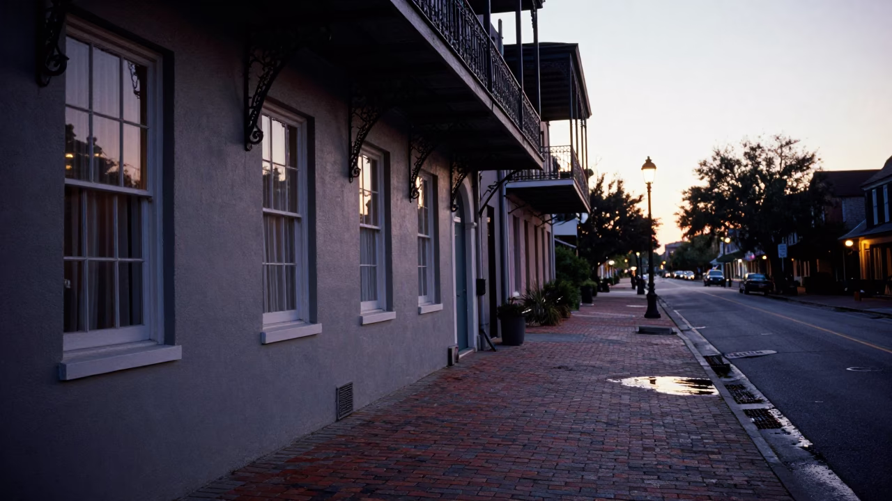 Charleston South Carolina Early Evening Street Scene with Historic Architecture and Local Details in in Charleston, South Carolina, United States